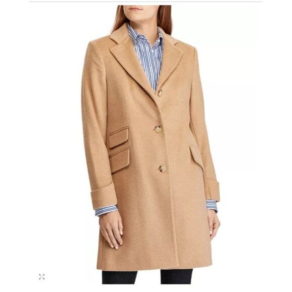 NWOT, Lauren Ralph Lauren Womens Tan Wool Blend Single Breasted Coat Size 4P - Picture 1 of 11